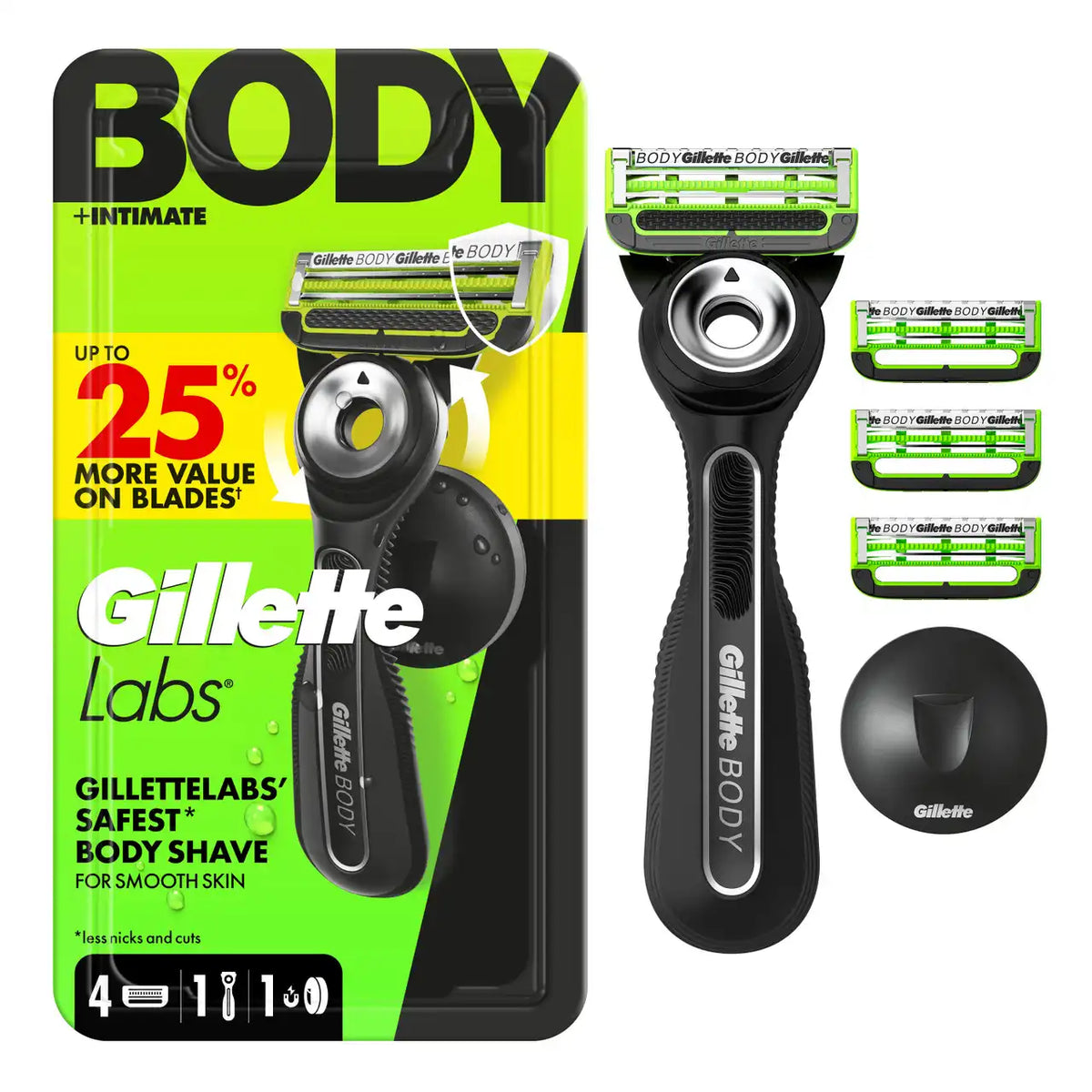 GilletteLabs Body + Intimate Razor For Men with Magnetic Shower Hanger, Handle, 4 Blade Refill Cartridges